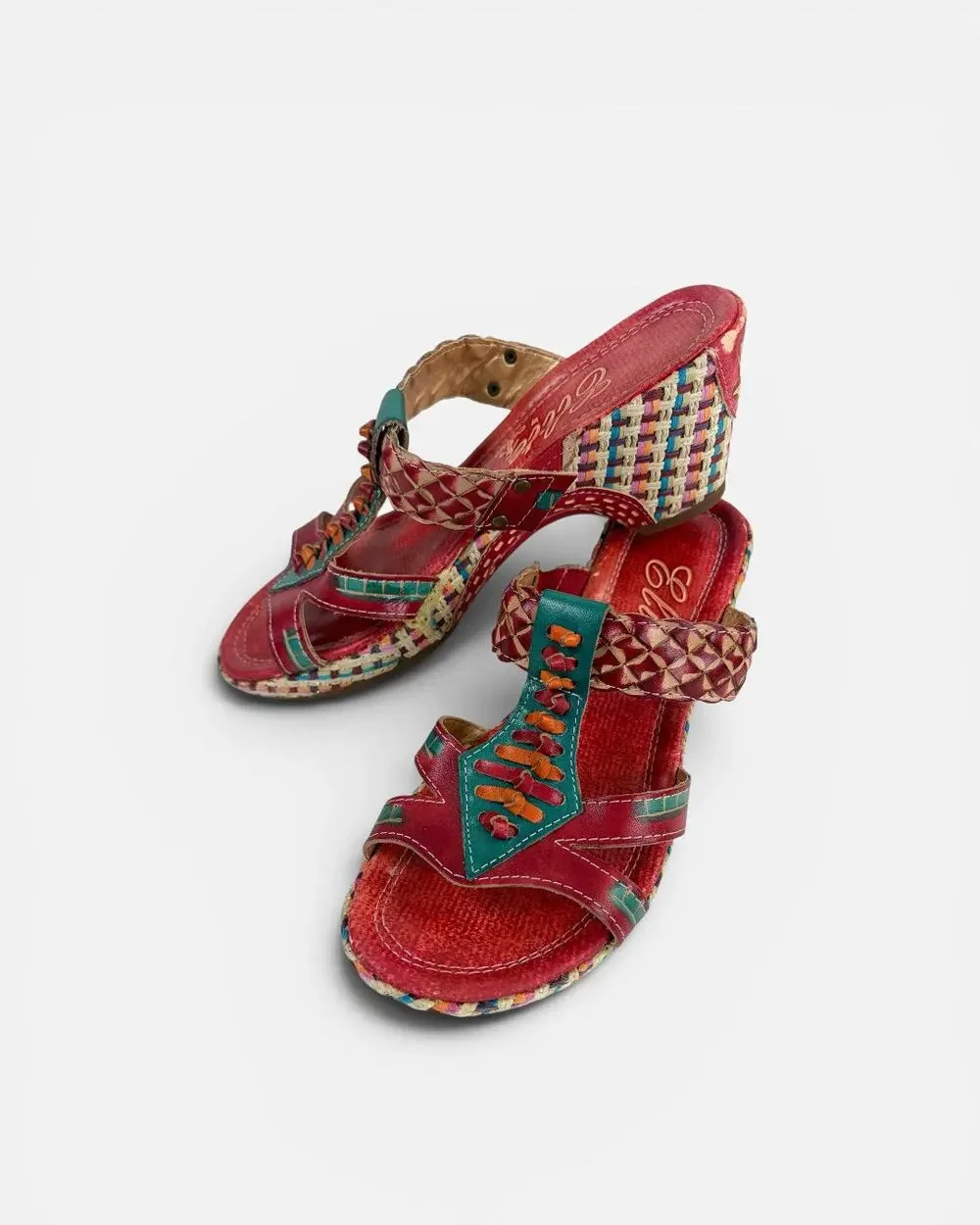 Corkys Red Leather Boho Platform Wedge Strappy Sandals Size 8 Santa Fe Western